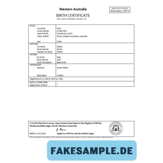 free Australia Western Australia birth certificate  | Word and PDF sample version 2